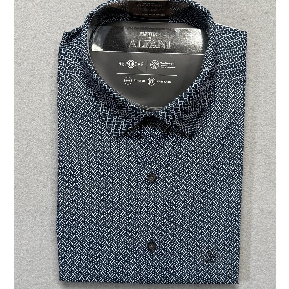 Alfani Men's Slim-Fit Temp Reg Geo-Print Dress Shirt Navy 17-17.5 36-37 $65